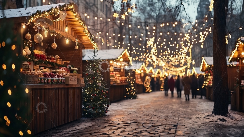 圣诞市场夜景灯光温暖