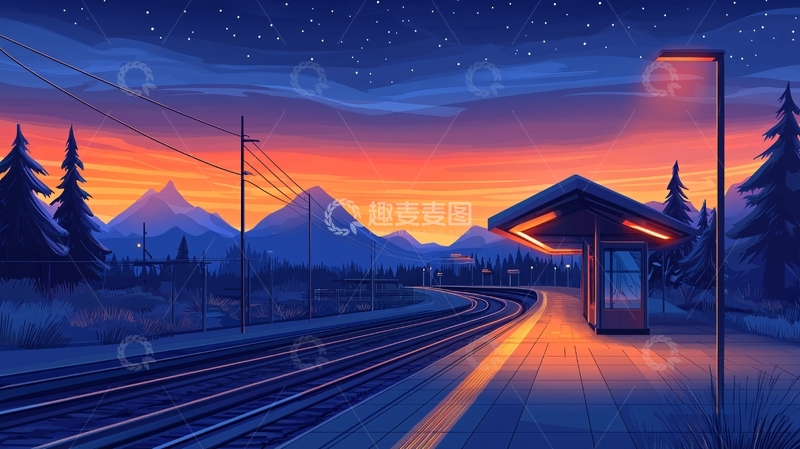 高清大图下载【趣麦麦图】夜空下的宁静车站