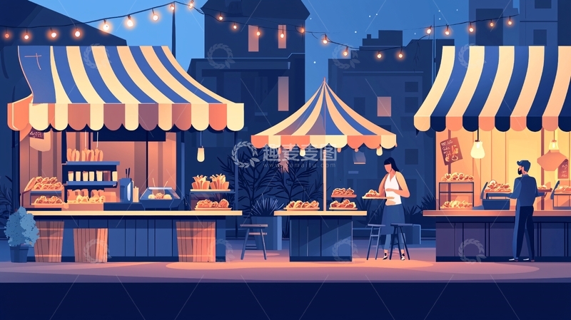高清大图下载【趣麦麦图】热闹集市的夜景插画
