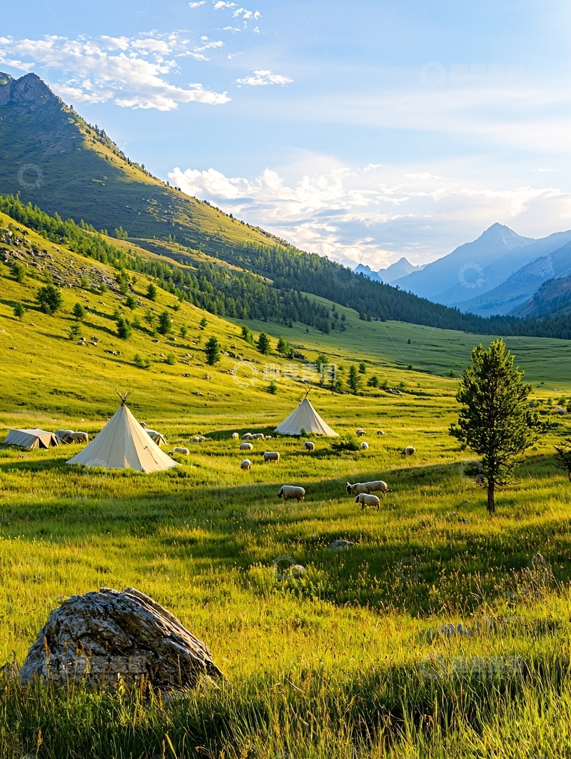 高清大图下载【趣麦麦图】山间草地上的帐篷露营地