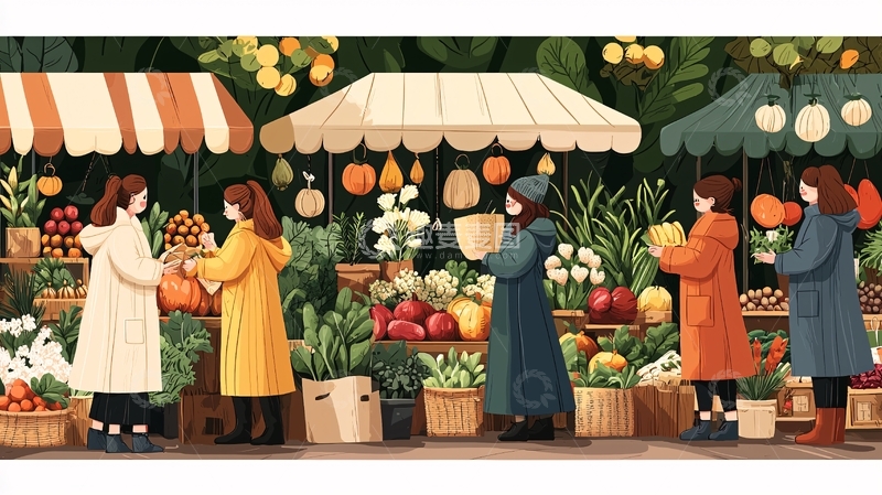 高清大图下载【趣麦麦图】集市上的人们在挑选农产品