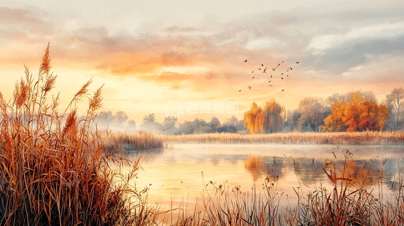 高清大图下载【趣麦麦图】宁静湖面日出景色