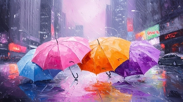 雨中彩色伞群都市背景
