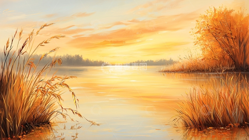 高清大图下载【趣麦麦图】湖面平静的金色日落
