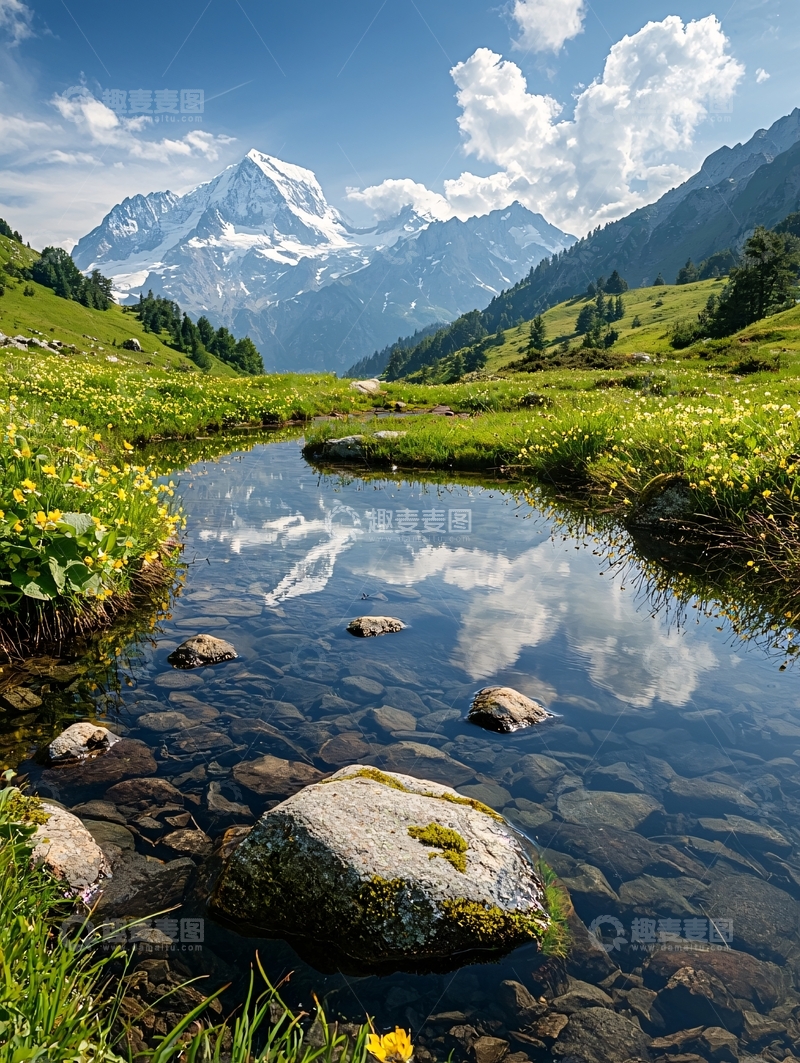 高清大图下载【趣麦麦图】绿地雪山小溪的宁静风景