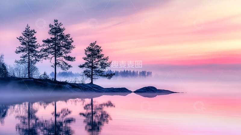 高清大图下载【趣麦麦图】宁静湖面映衬粉色天空