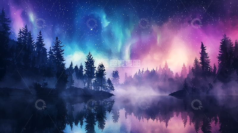 高清大图下载【趣麦麦图】极光森林湖泊夜景如画