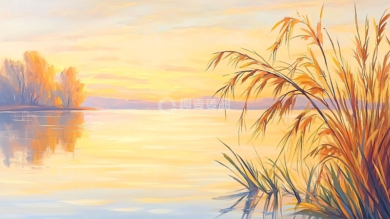 高清大图下载【趣麦麦图】平静湖面金黄日落美景