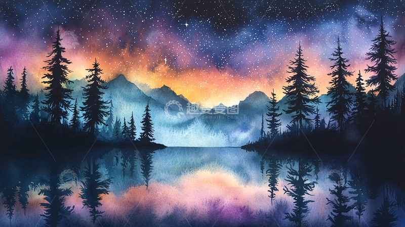 高清大图下载【趣麦麦图】宁静湖面星空夜景