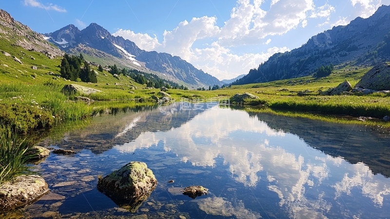 高清大图下载【趣麦麦图】山间清澈的溪流倒影