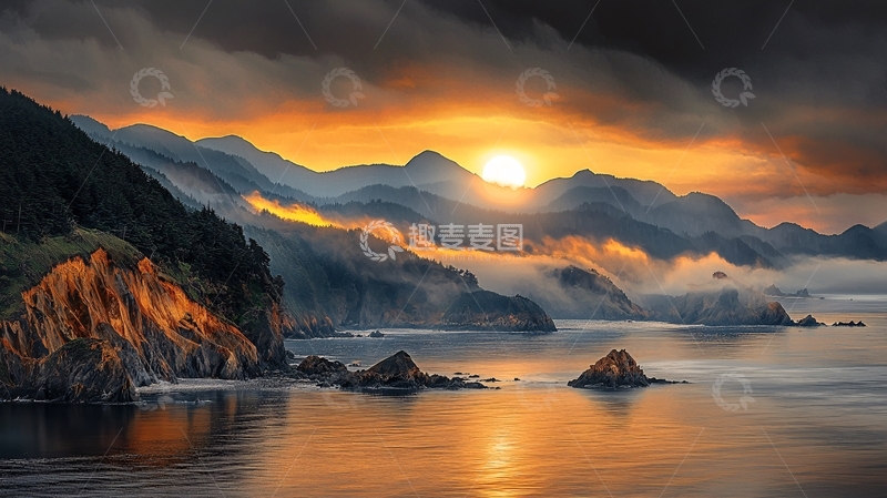 高清大图下载【趣麦麦图】海边山脉日落美景