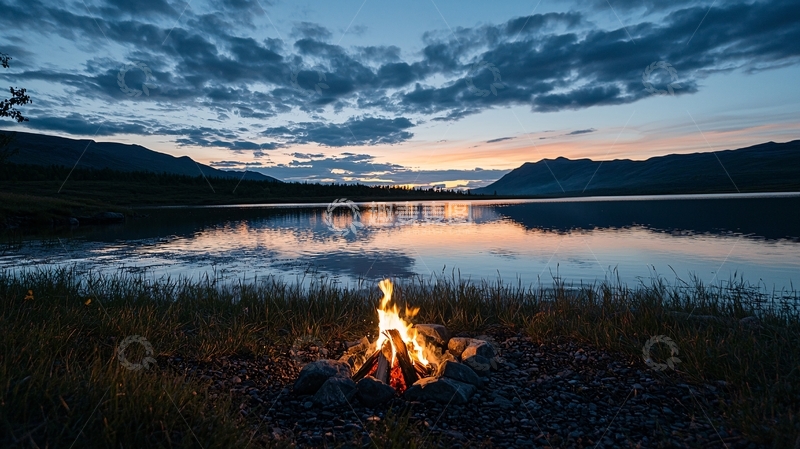 高清大图下载【趣麦麦图】湖边篝火夜晚美景