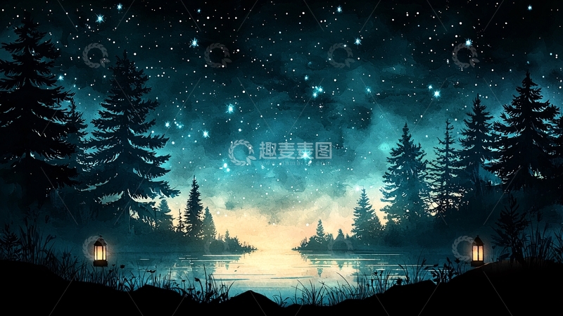 高清大图下载【趣麦麦图】星空下的湖畔森林夜景