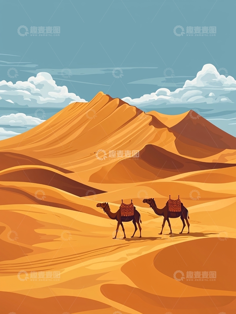 高清大图下载【趣麦麦图】广袤沙漠两只骆驼行走