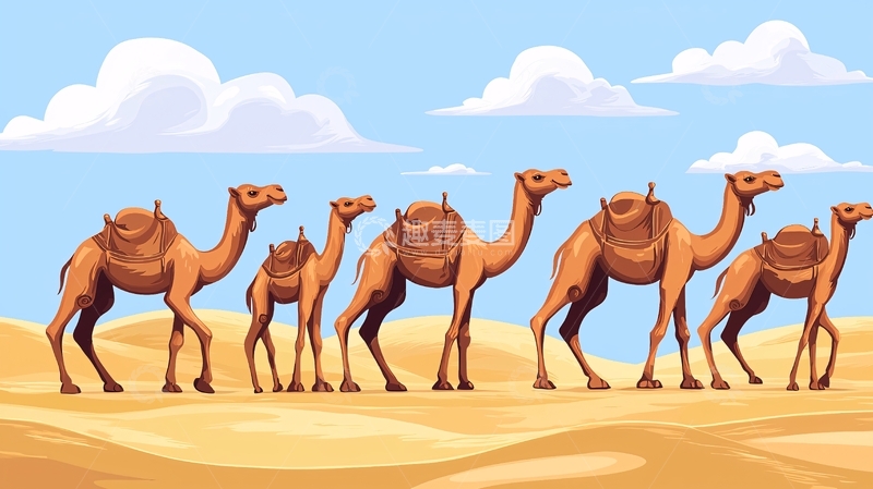 高清大图下载【趣麦麦图】骆驼队伍行走在沙漠中