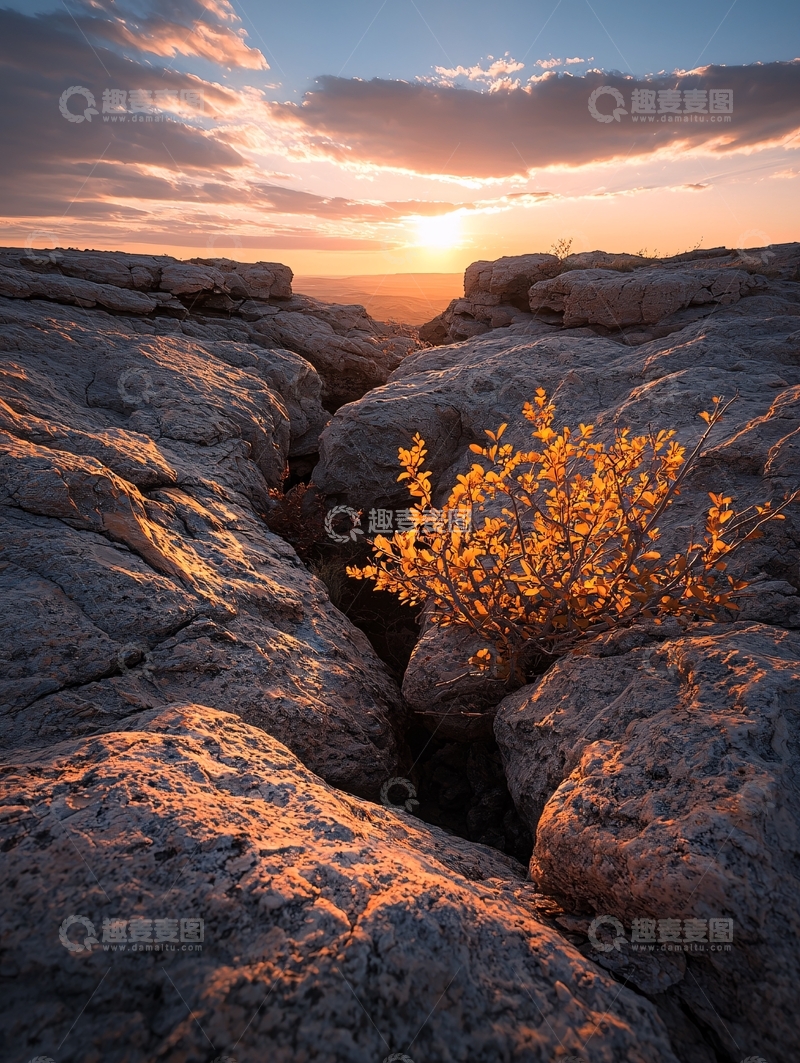 高清大图下载【趣麦麦图】岩石缝隙中的夕阳美景