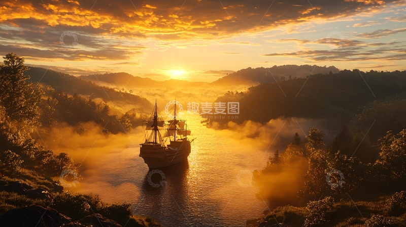 高清大图下载【趣麦麦图】夕阳下的河上帆船