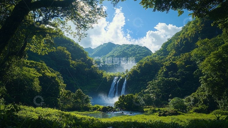 高清大图下载【趣麦麦图】郁郁葱葱的森林瀑布