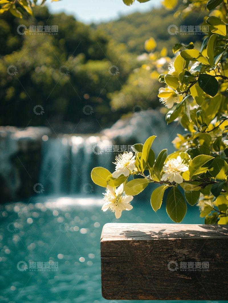 高清大图下载【趣麦麦图】瀑布旁的白色花朵