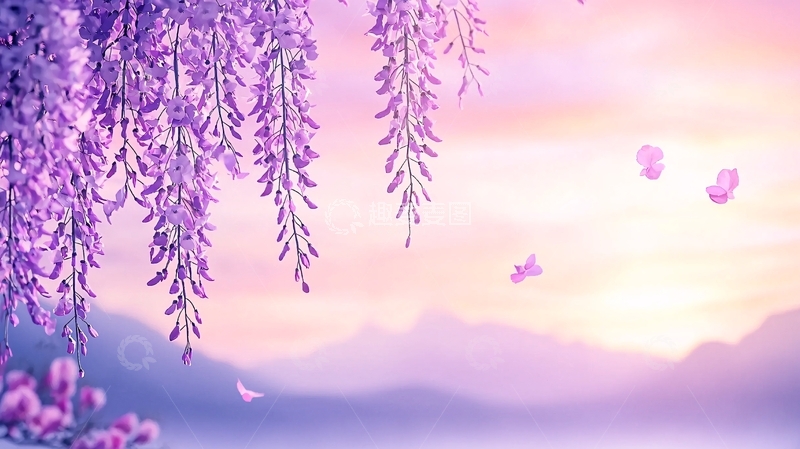 高清大图下载【趣麦麦图】紫藤花与山峦的唯美意境