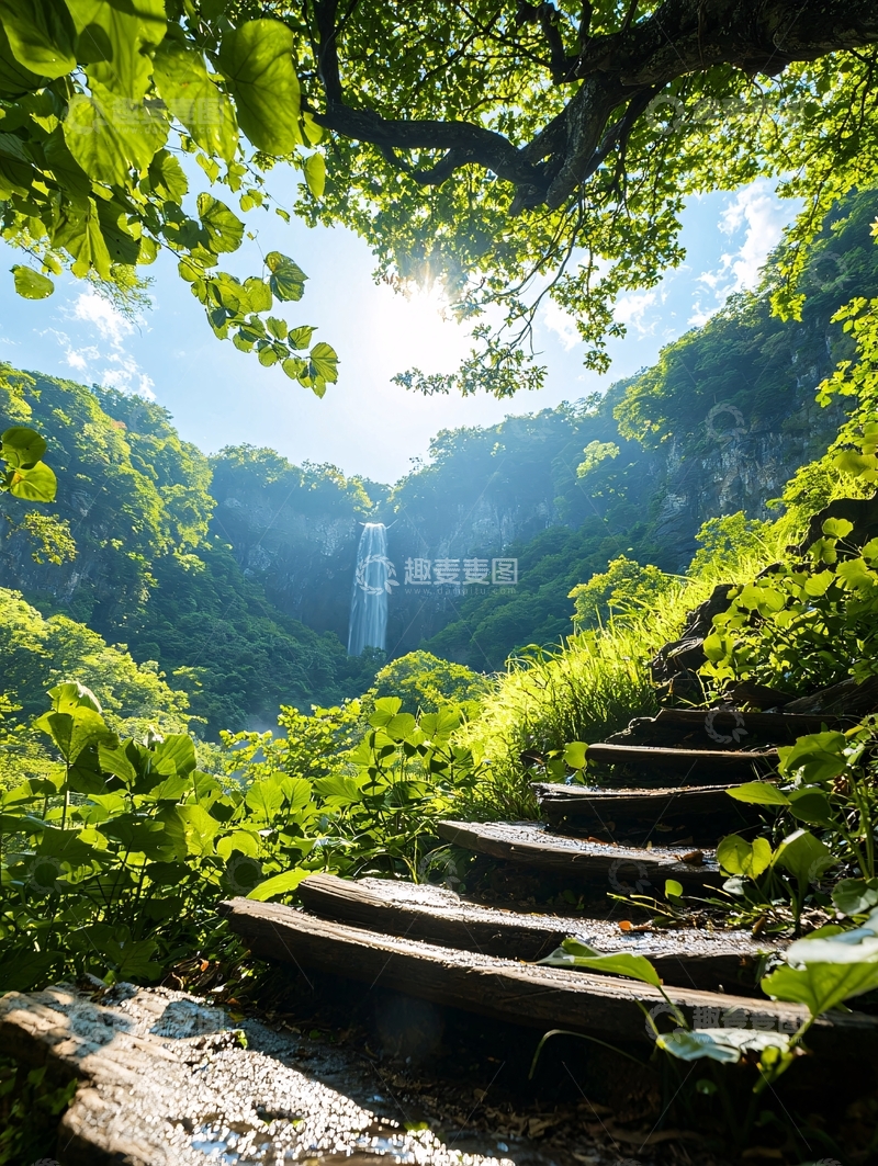 高清大图下载【趣麦麦图】通向瀑布的森林小路