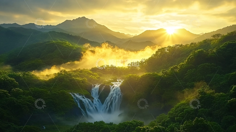 高清大图下载【趣麦麦图】壮丽山河日出瀑布