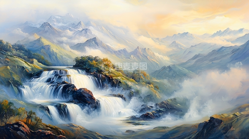 高清大图下载【趣麦麦图】山间瀑布风景油画