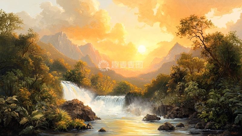 高清大图下载【趣麦麦图】金色光芒下的瀑布风景