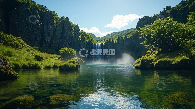 高清大图下载【趣麦麦图】翠绿森林下的瀑布湖泊