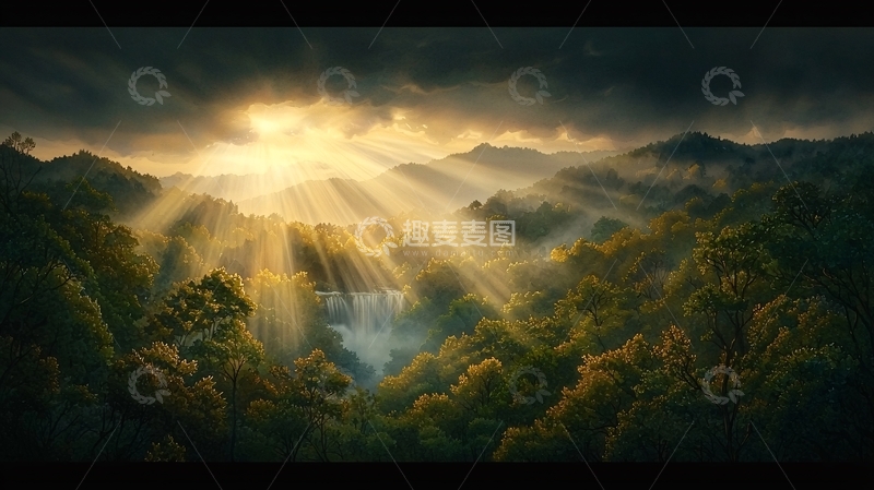 高清大图下载【趣麦麦图】阳光穿透森林的壮丽景象