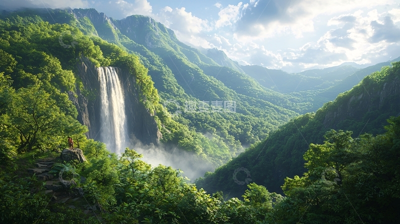 高清大图下载【趣麦麦图】葱郁山谷中的壮丽瀑布