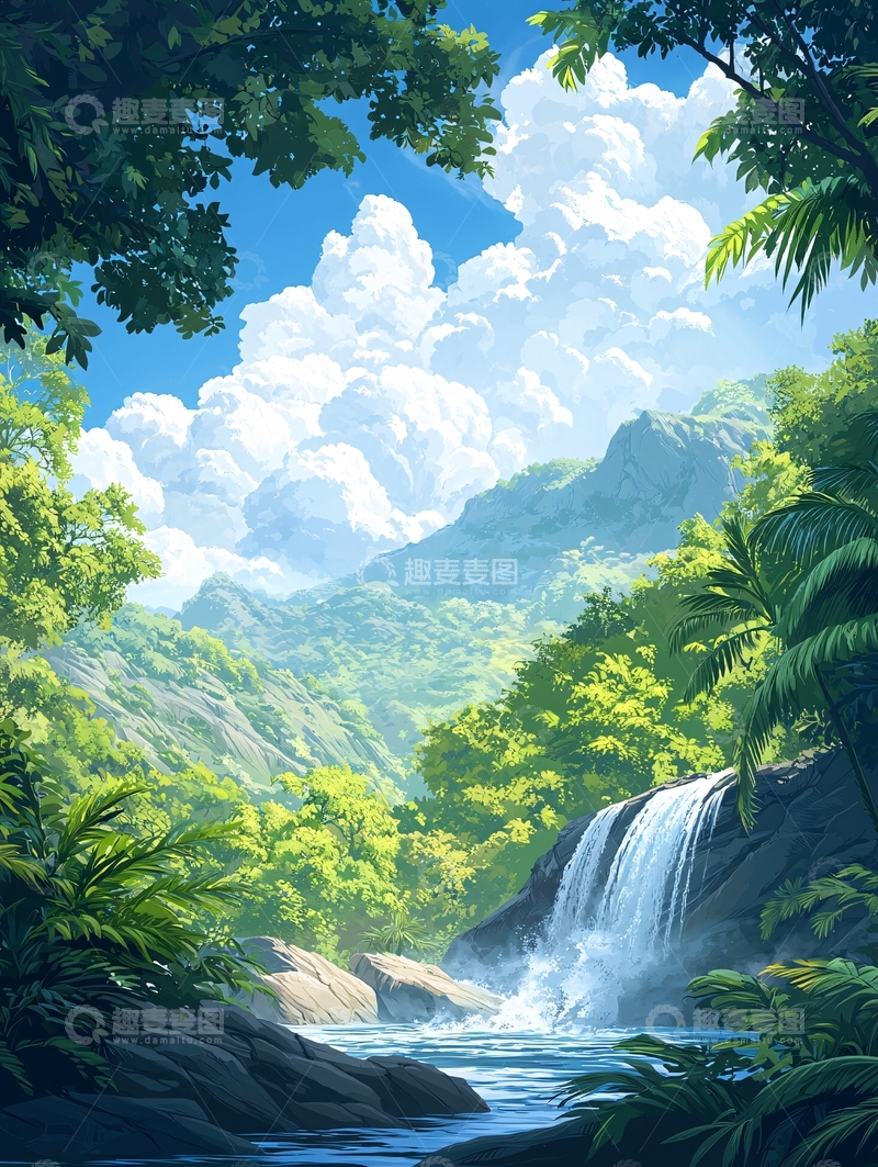 高清大图下载【趣麦麦图】葱郁山林间的飞瀑美景