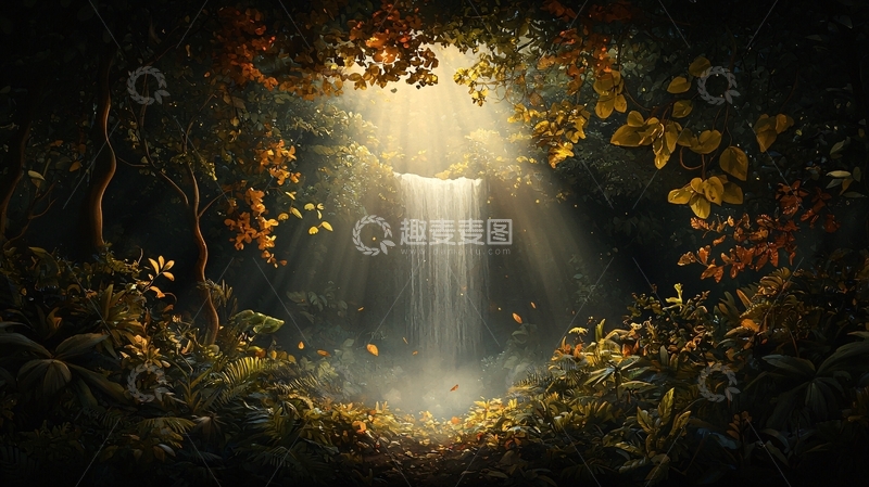 高清大图下载【趣麦麦图】森林中的神秘光瀑