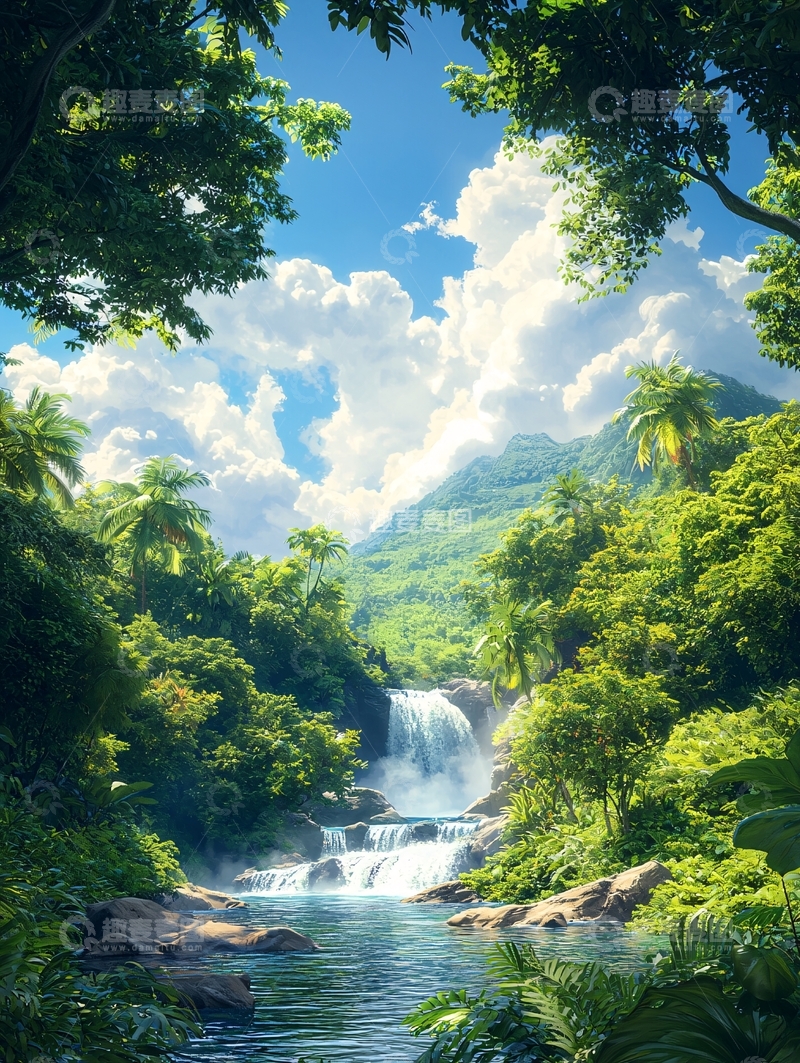 高清大图下载【趣麦麦图】热带雨林瀑布风景图