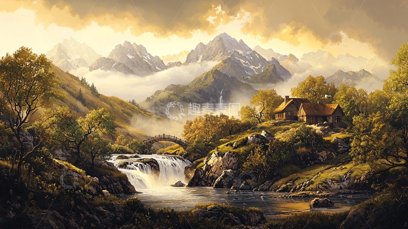 高清大图下载【趣麦麦图】山间小屋旁的宁静瀑布