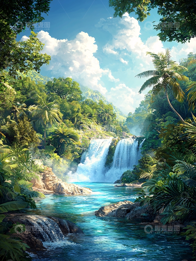 高清大图下载【趣麦麦图】热带雨林中的瀑布美景