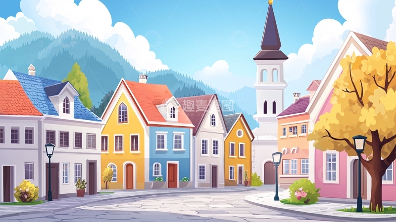 高清大图下载【趣麦麦图】卡通小镇风景