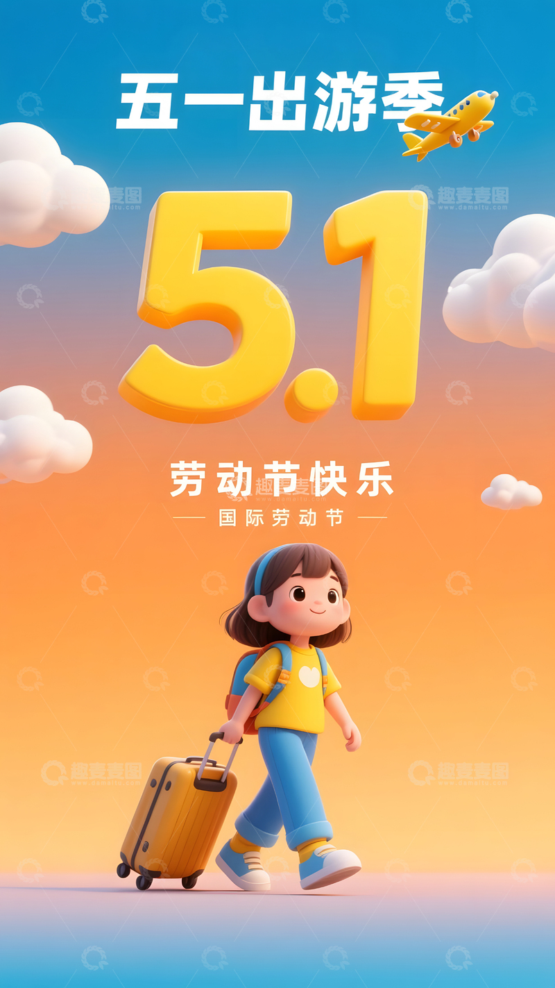 五一出游季女孩拉行李箱出行宣传插画海报
