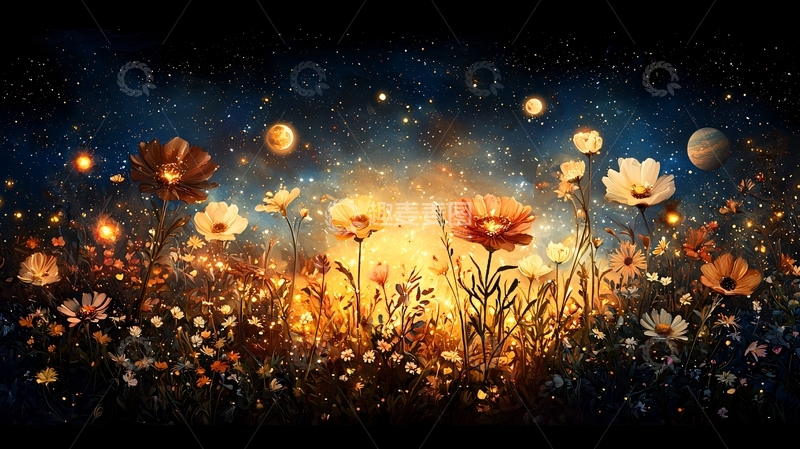 高清大图下载【趣麦麦图】夜空下的花田