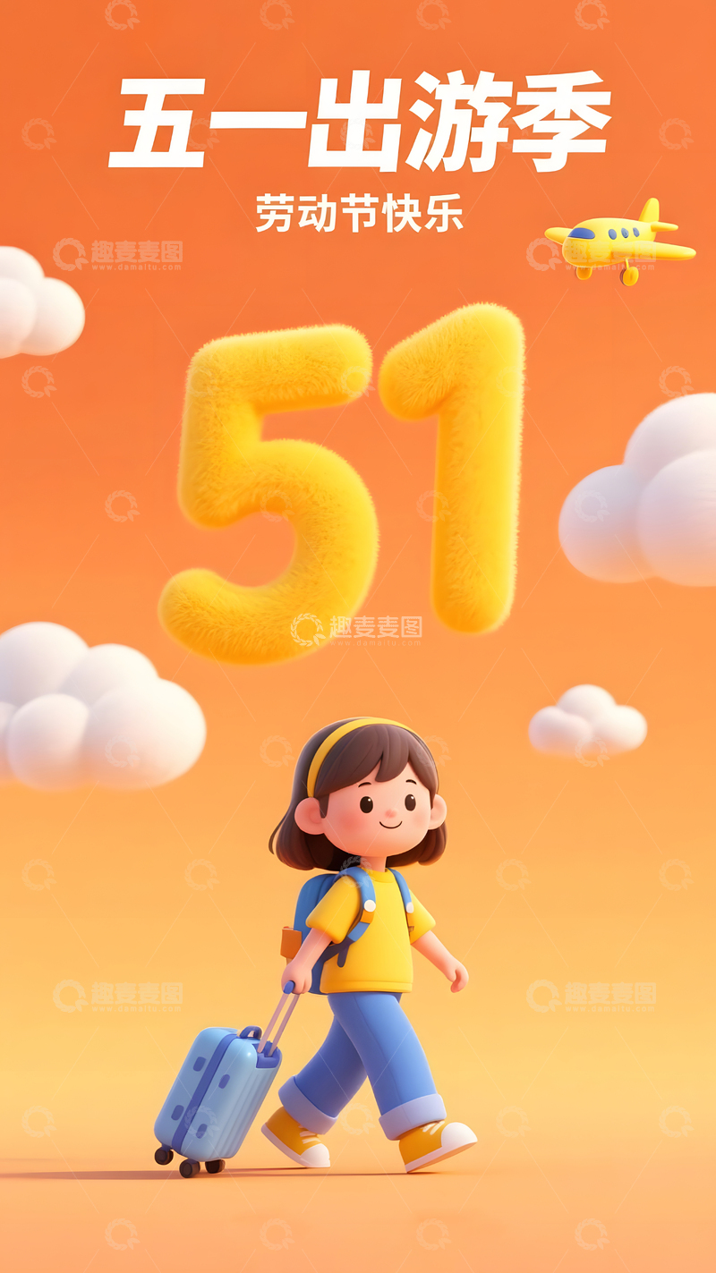 五一出游季卡通女孩出行插画海报设计