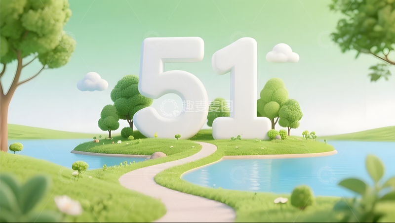 五一出游季绿色自然风光数字51插画宣传图