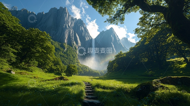 高清大图下载【趣麦麦图】葱郁森林山涧瀑布美景