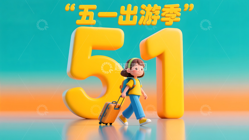 五一出游女孩卡通插画节日旅游宣传图