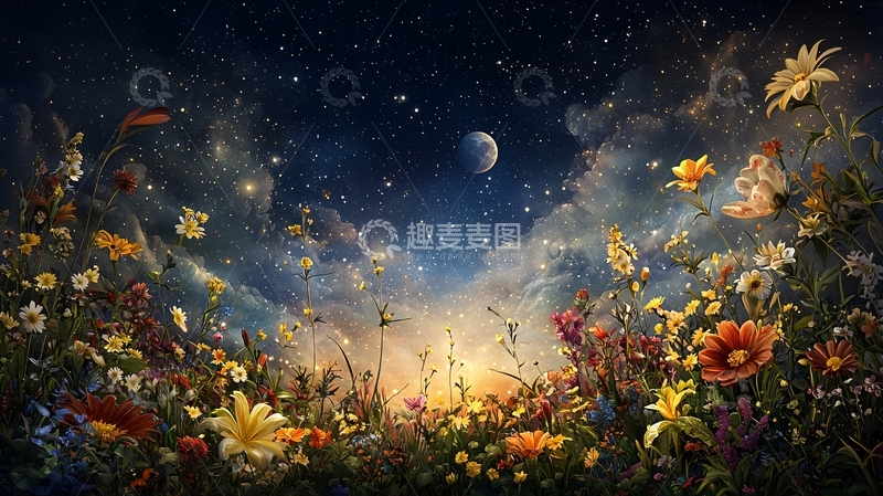 高清大图下载【趣麦麦图】奇幻星空下的花田