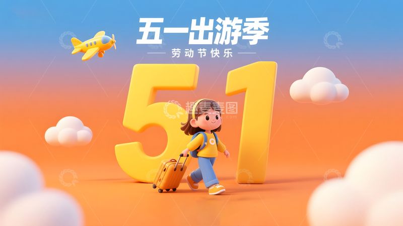 五一出游卡通女孩行李箱旅游宣传插画图