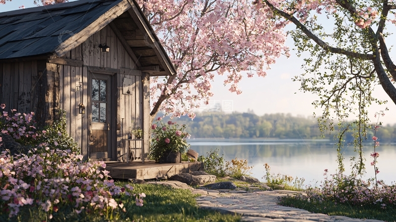 高清大图下载【趣麦麦图】湖边小屋春日美景