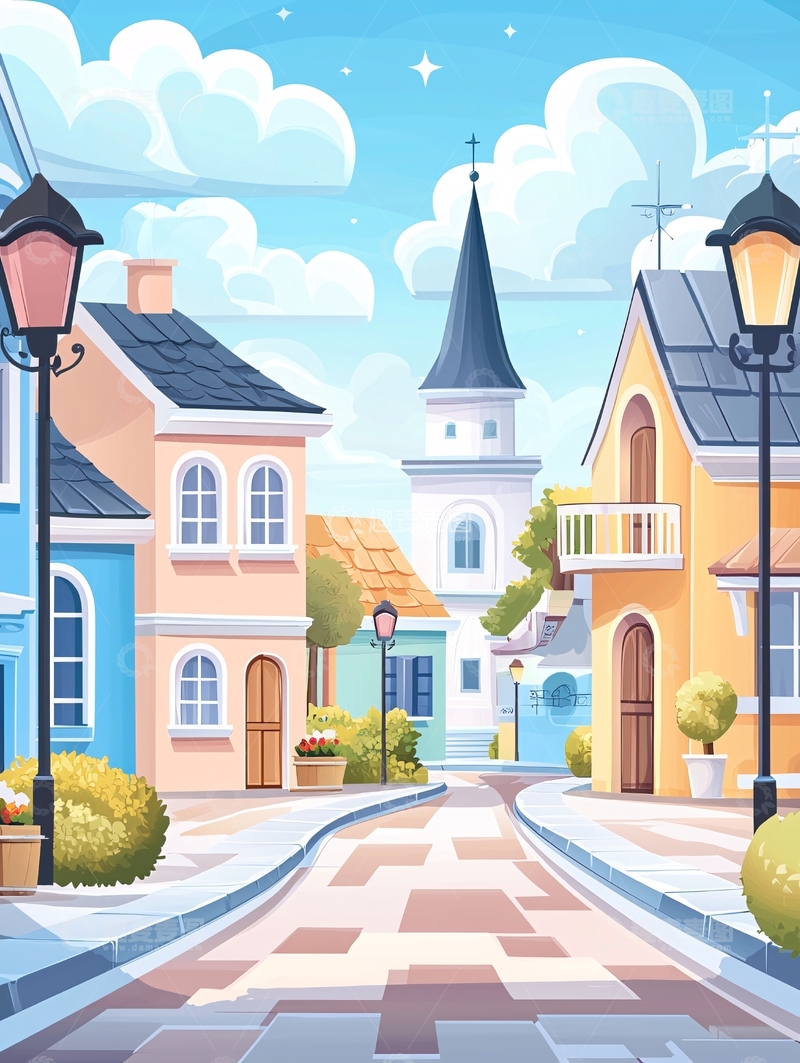 高清大图下载【趣麦麦图】卡通小镇街道场景