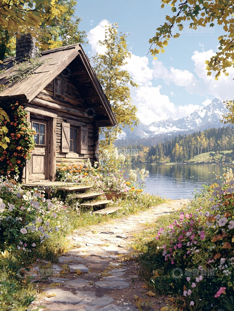 高清大图下载【趣麦麦图】湖边小屋秋色宜人