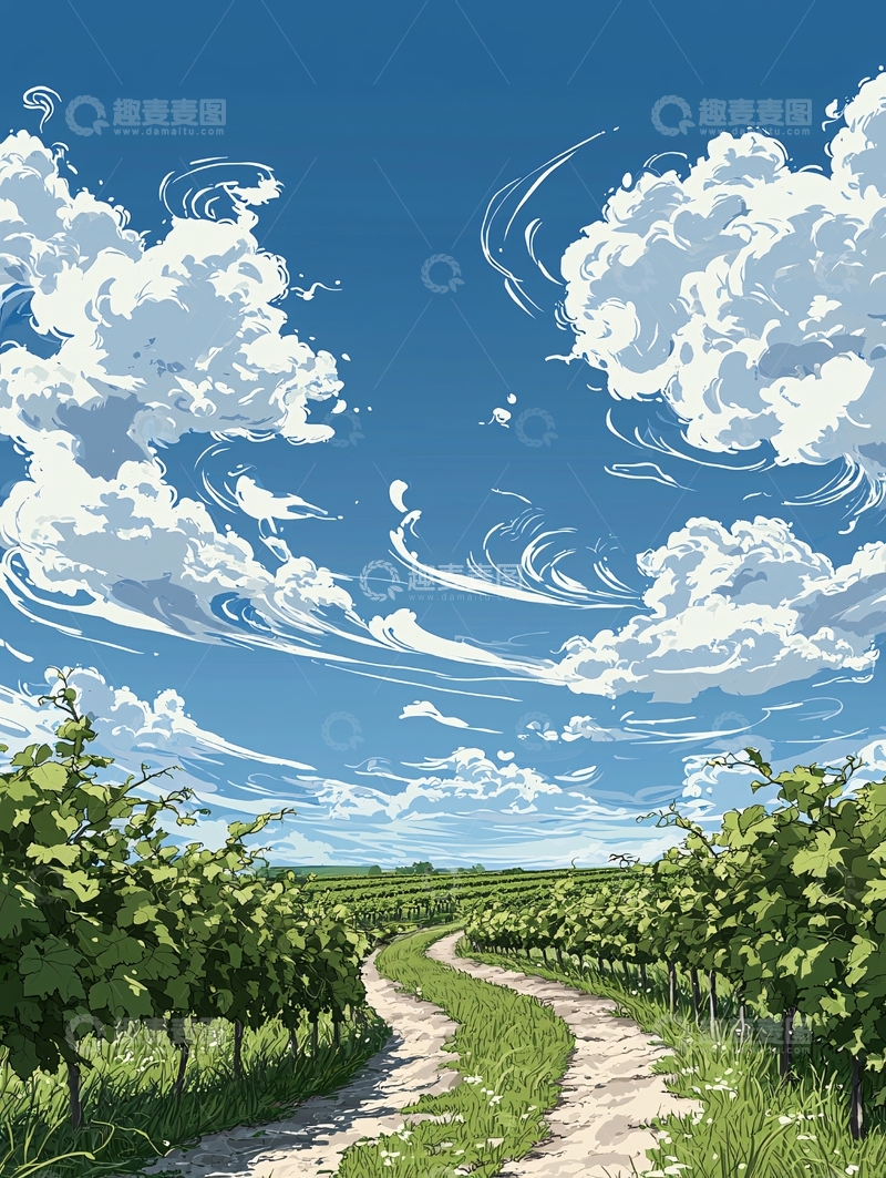 高清大图下载【趣麦麦图】蓝天白云下的田园小路