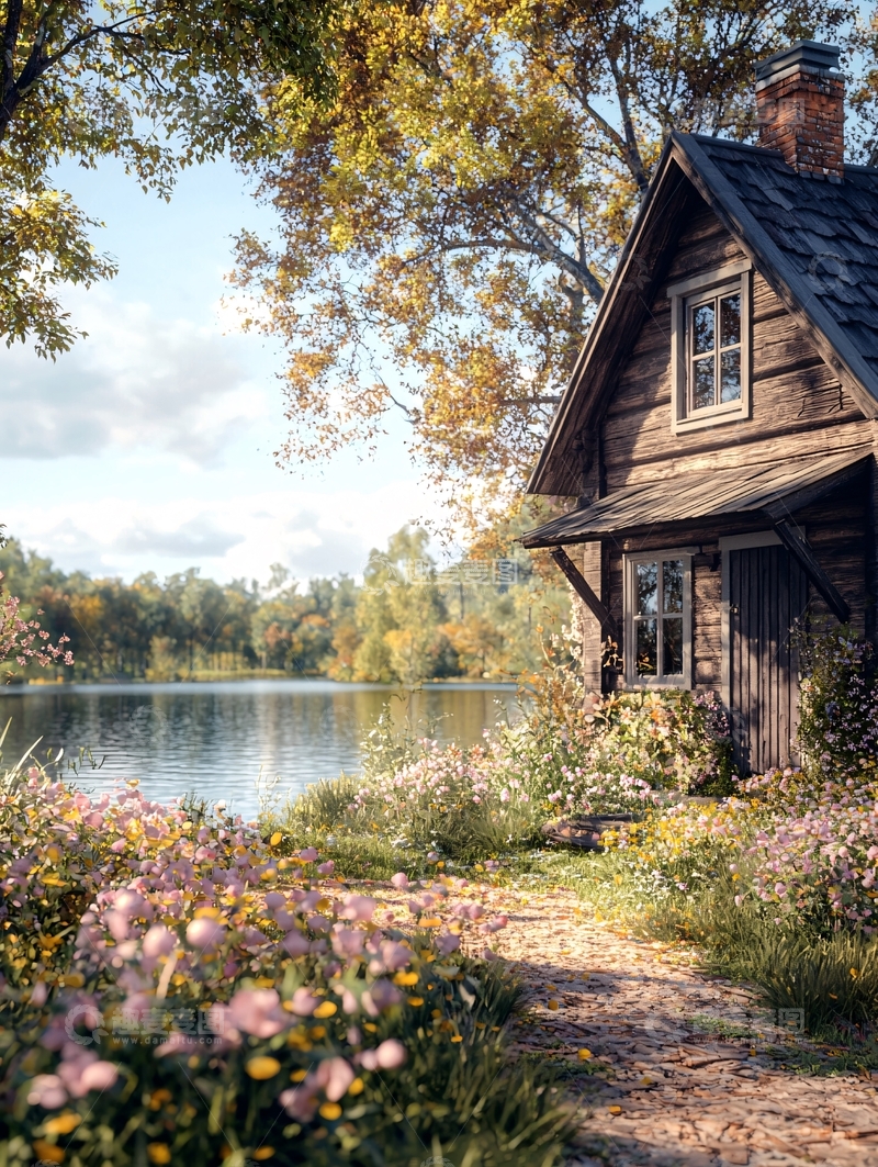 高清大图下载【趣麦麦图】湖边小屋的宁静风景